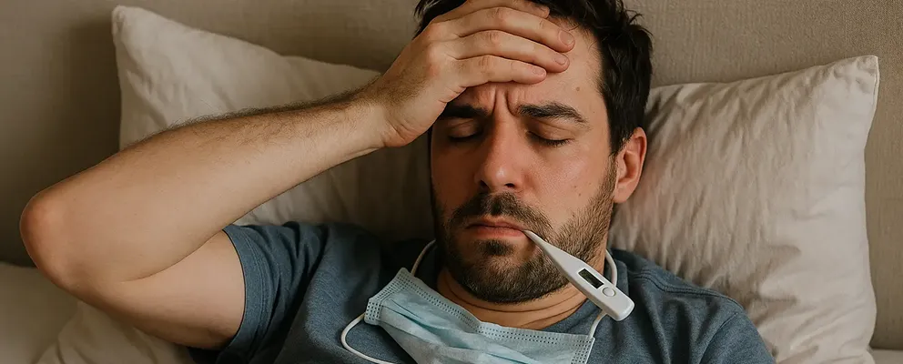 man having high fever problem and resting on a bed