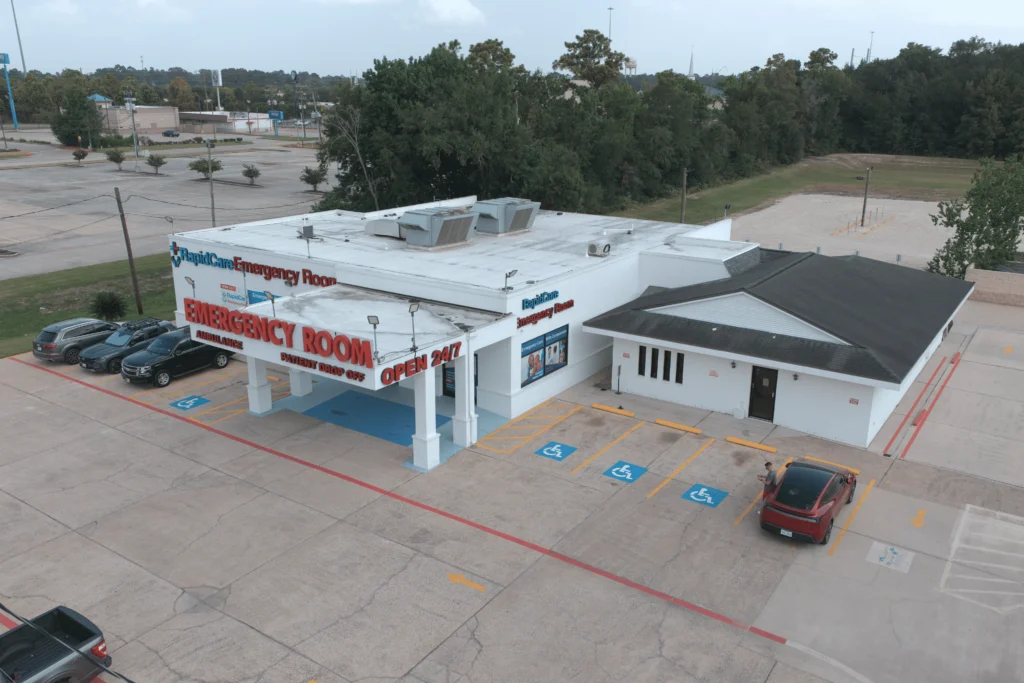 Aerial view of RapidCare Emergency Room serving Kingwood and Porter, TX.
